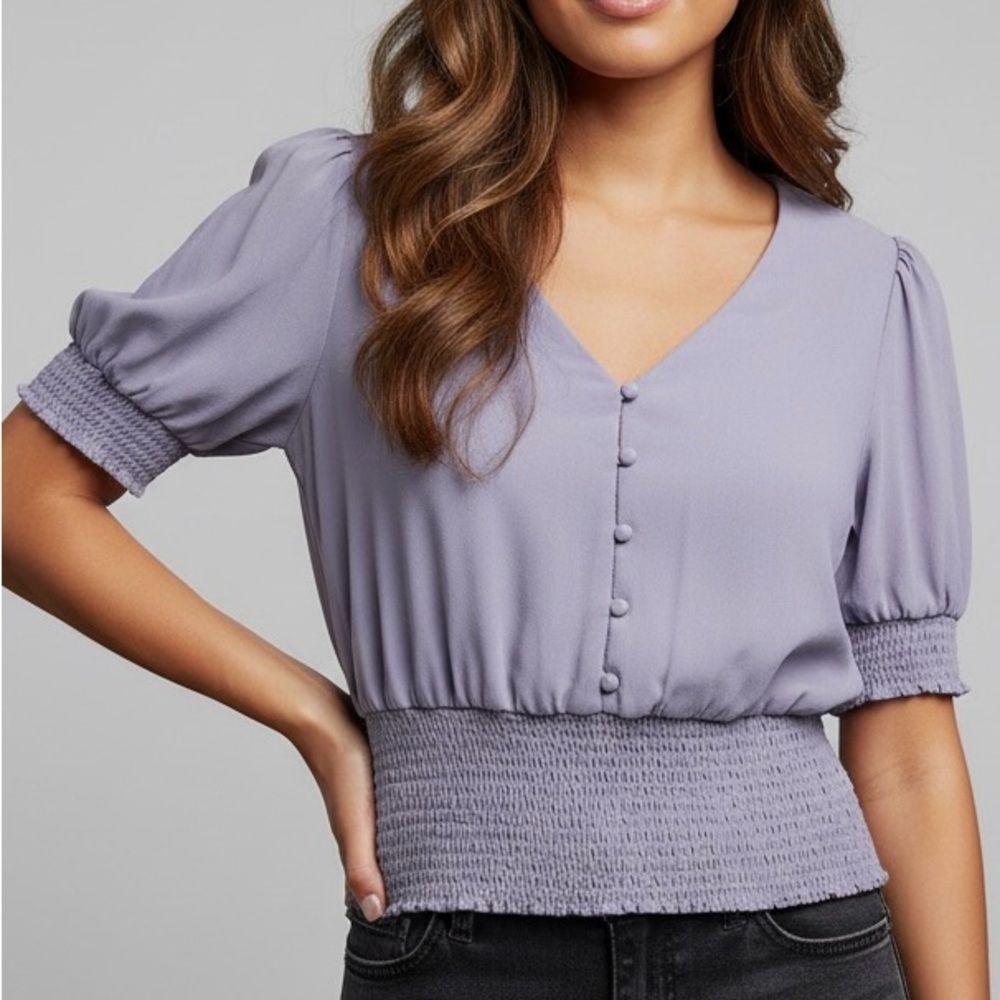 Lavender Sheer Button-Up Smocked Peasant Top
